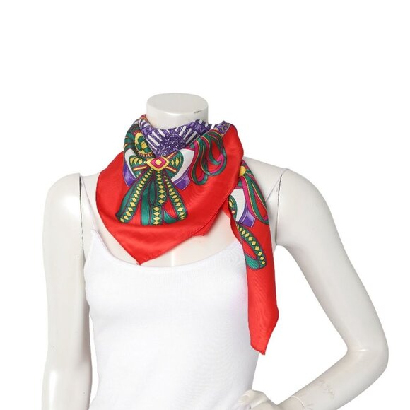 Vintage SKS Ribbon Print Satin Scarf Neck Hair Scarf 1980 Red Blue White Yellow - Picture 6 of 7